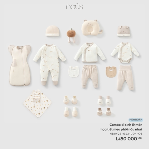 NOUS - Combo đi sinh 19 món họa tiết mèo phối nâu nhạt - Newborn - SS26.T3A