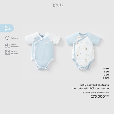 NOUS - Set 2 bodysuit cộc trắng họa tiết sushi phối xanh bạc hà - 6-9M - SS26.T3C