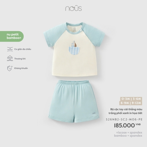 NOUS - Bộ cộc tay cài thẳng màu trắng phối xanh in họa tiết - 0-3M - SS26.T4A