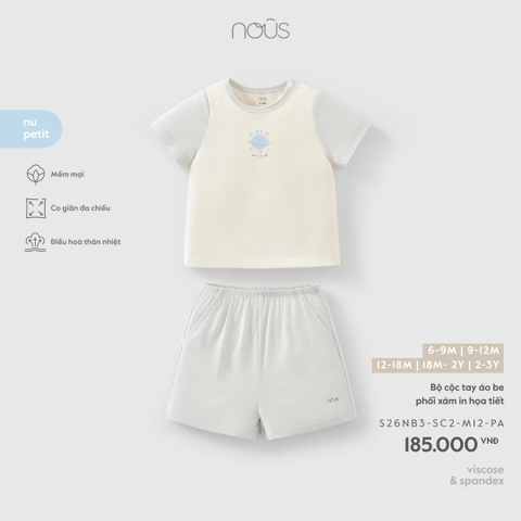 NOUS - Bộ cộc tay áo be phối xám in họa tiết - 6-9M - SS26.T4A