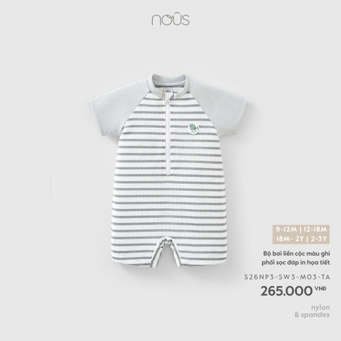 NOUS - Bộ bơi liền cộc màu ghi phối sọc đáp in họa tiết - 18-24M - SS26.T4A