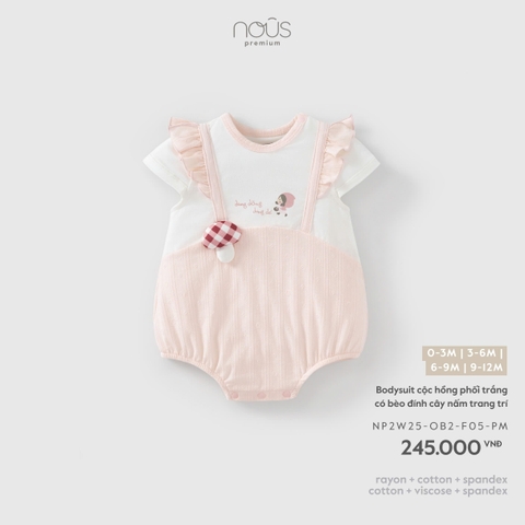 NOUS - Bodysuit cộc hồng phối trắng có bèo đính cây nấm trang trí - 0-3M - SS26.T7A