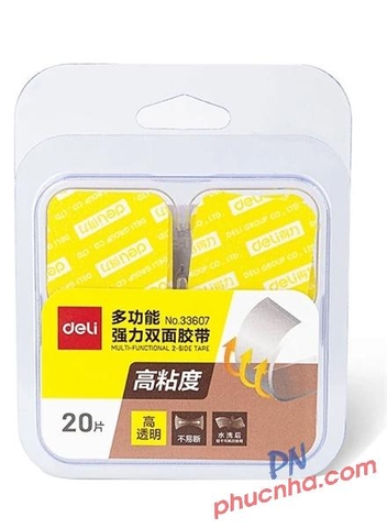 Băng keo 2 mặt siêu dính trong suốt Deli 33607 miếng nhỏ (20 miếng/ vỉ)