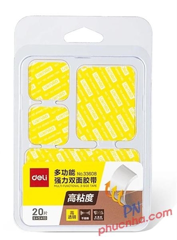 Băng keo 2 mặt siêu dính trong suốt Deli 33608 miếng nhỏ (20 miếng/ vỉ)