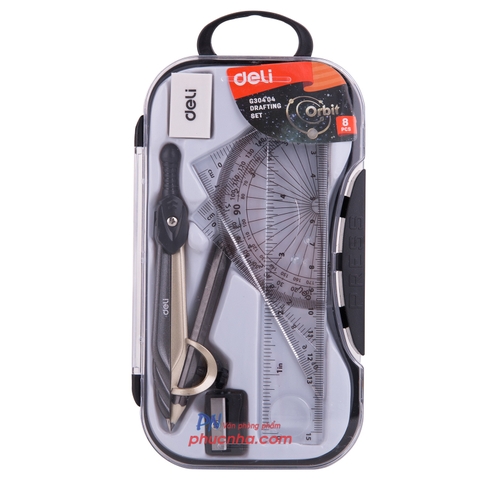Bộ dụng cụ học sinh 8 món Deli G30404 compa chì kim, bộ thước, gôm, chuốt hộp mica (12)