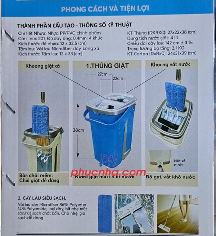 Bộ lau nhà tự giặt lồng inox, mâm inox Homeinno 5 màu HI-101M_HI-107M