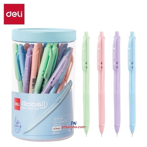 Bút bi Deli Q117C Roball 0.7mm pastel, mực xanh (50)