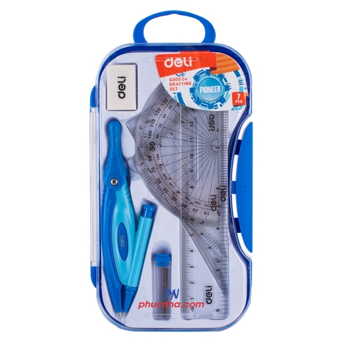 Bộ dụng cụ HS 7 món Deli G30304 hộp nhựa thước, compa, chuốt, gôm (12)