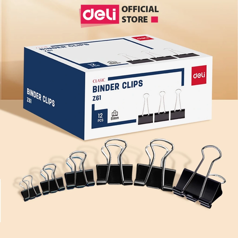Kẹp bướm đen Deli Z61-51mm/ Z62-41mm/ Z63-32mm/ Z64-25mm/ Z65-19mm/ Z66-15mm (12)