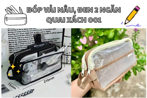 Bóp viết vải 3 ngăn, 1 mặt trong 2 dây kéo có quai xách 001 (nâu/ đen)
