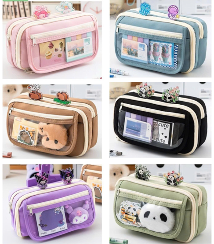 Bóp viết vải 4 ngăn viền trắng, 3 dây kéo 1 nắp trong nút hít 12x21x7cm 002 (6 màu)