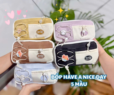 Bóp viết vải Happy every day/ have a nice day 2 dây kéo, dây rút, pin cài 021 (5 màu)