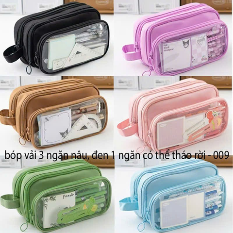 Bóp viết vải 3 ngăn cỏ thể tháo rời 1 ngăn quai xách 2 mặt trong suốt 009