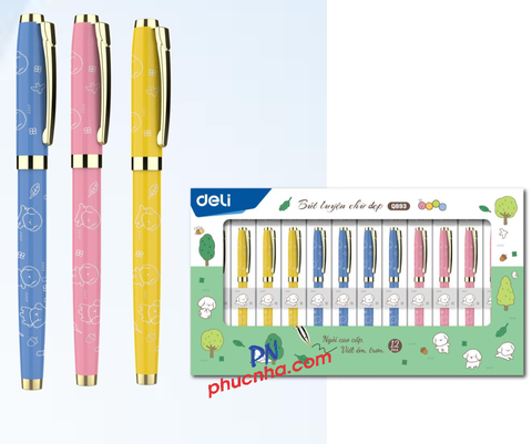 Bút máy kim loại Deli Q893 nét êm trơn (12 cây mix màu/ khây)