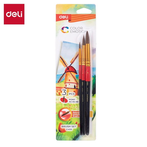 Bộ 3 cọ vẽ Deli C405 lông ngựa PONY, thân đỏ, cọ tròn