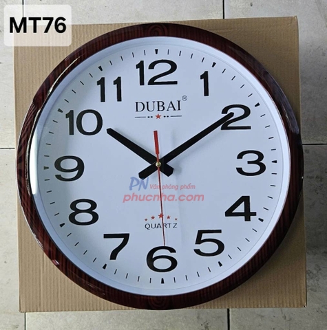 Đồng hồ treo tường MT76 40cm mặt kính 36cm máy kim trôi tốt viền vân gỗ nâu