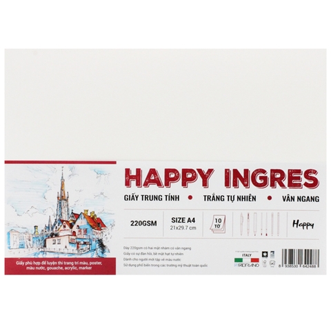 Giấy vẽ 220gsm Happy Ingres đa chất liệu vân ngang (Canson Truyền Thống) phù hợp luyện thi  (10 tờ/ xấp)