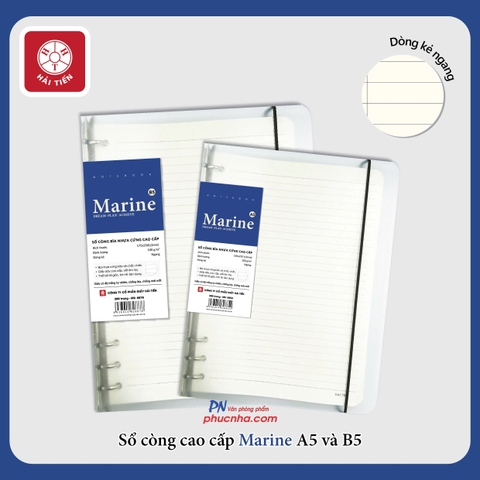 Sổ còng sắt Hải Tiến Marine 200tr 100gsm bìa nhựa kẻ ngang (giấy trắng ngà) - 6 còng A5/ 9 còng B5/ 30 còng A4