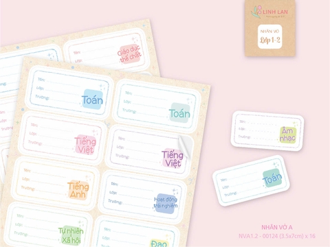 Nhãn vở A môn học cấp 1 lớp 1-2 Linh Lan NVA1.2 3.5x7cm (16 cái/ set)
