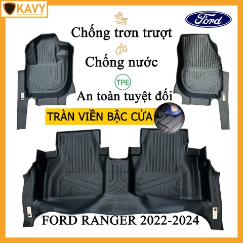 Thảm lót sàn xe ô tô Ford Ranger 2022-2024 đúc nguyên khối TPE chống trơn trượt tràn viền bậc cửa