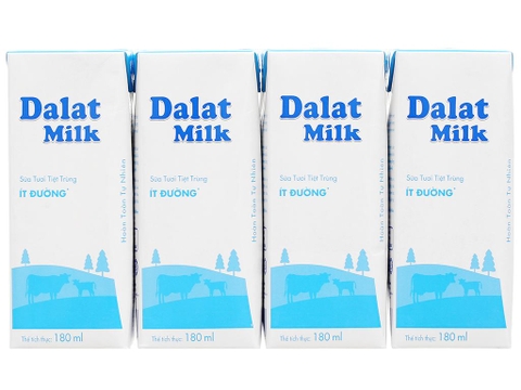 Lốc 4 sữa tươi tiệt trùng Dalat Milk không đường vị tự nhiên hộp 180ml