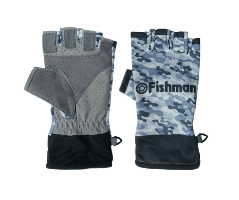 Fishman Summer Five-Fingerless Gloves, Blue Camo SIze XL