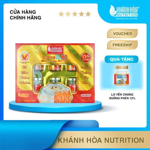 Hộp Quà Nước Yến Sào 15% Tổ Yến Đông Trùng Hạ Thảo Bổ Sung Vitamin K2 - Khánh Hòa Nutrition - 6 lọ x 70ml