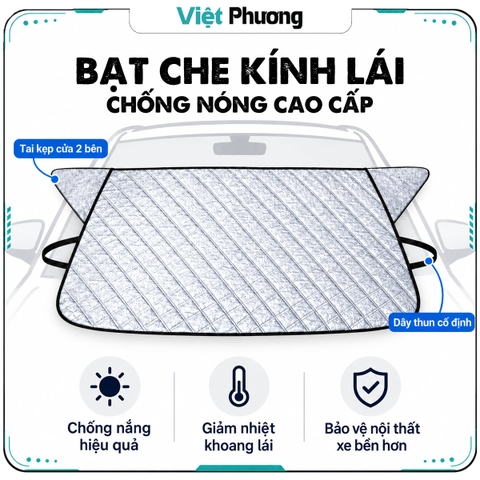 Bạt Che Nắng Kính Lái Ô Tô Cao Cấp Tráng Bạc Chống Nóng, Có Tai Kẹp Cửa & Dây Thun Cố Định