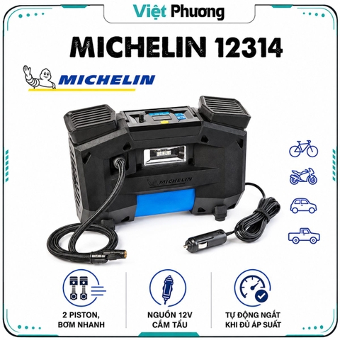Máy Bơm Lốp Xe Ô Tô Michelin 12314 Kĩ Thuật Số 2 Piston Tự Động Ngắt Cao Cấp HÀNG CHÍNH HÃNG (dùng được cho xe tải nhỏ)