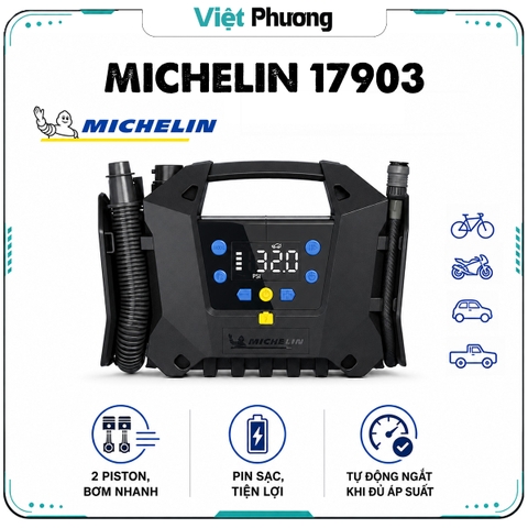 Máy Bơm Lốp Xe Ô Tô MICHELIN 17903 PIN SẠC 2 PISTON Đa Năng Cao Cấp Tự Động Ngắt (HÀNG CHÍNH HÃNG)