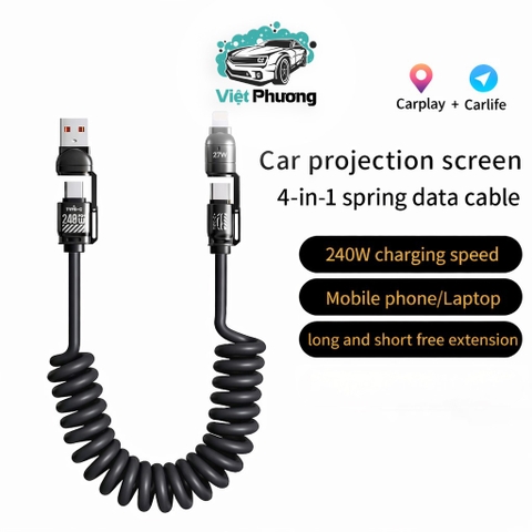 Cáp Sạc Lò Xo Đa Năng 4-in-1 Sạc Nhanh 240W, Chống Rối Cho Điện Thoại Máy Tính Bảng, Hỗ Trợ Carplay