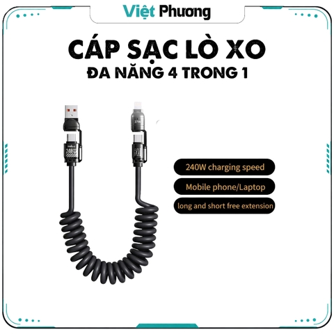 Cáp Sạc Lò Xo Đa Năng 4-in-1 Sạc Nhanh 240W, Chống Rối Cho Điện Thoại Máy Tính Bảng, Hỗ Trợ Carplay
