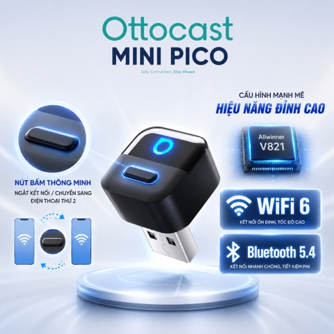 Ottocast Mini Pico - USB Chuyển Đổi CarPlay/Android Auto Không Dây Siêu Nhỏ (Hàng Chính Hãng)