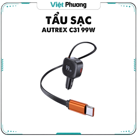 Tẩu Sạc Ô Tô AUTREX C31 99W, 3 Cổng Sạc Nhanh PD và QuickCharge, Cáp Type-C Rút Gọn Cho Xe 12V-24V