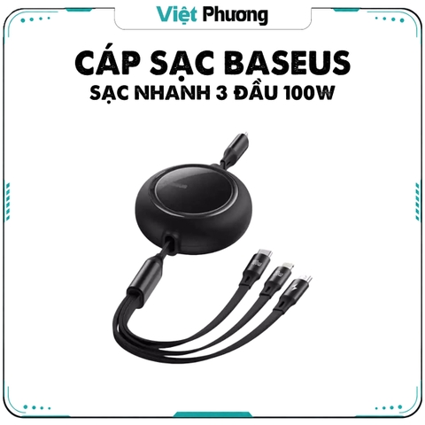 Cáp Sạc Du Lịch Rút Gọn 100W Baseus Bright Mirror Series 2 Retractable 3-in-1 Fast Charging Data Cable