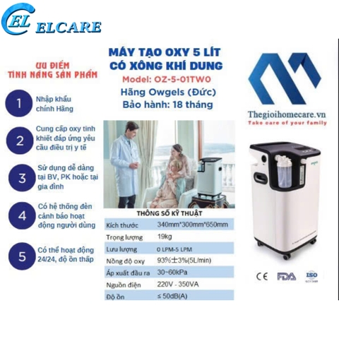 Máy tạo Oxy Công Suất 5L/Phút Owgels OZ-5-01TW0