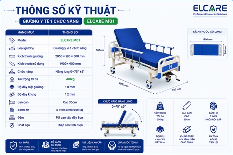 Giường Y Tế 1 Chức Năng ELCARE M01 – Giải Pháp Chăm Sóc Người Bệnh Tại Nhà An Toàn, Tiện Lợi
