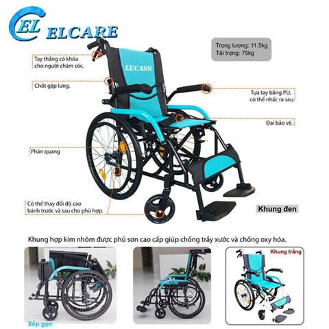 Xe lăn hợp kim nhôm siêu nhẹ Lucass X63L New Nâng Cấp