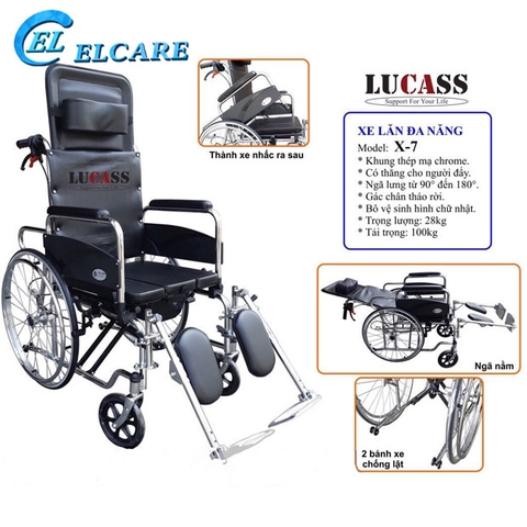 Xe lăn đa năng Lucass X7A  có bô vệ sinh, ngả nằm
