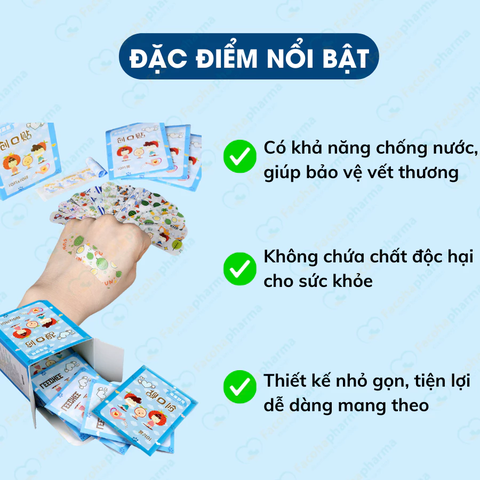 Băng keo cá nhân trong suốt hộp 100 miếng, độ bám dính tốt, trang trí dễ thương