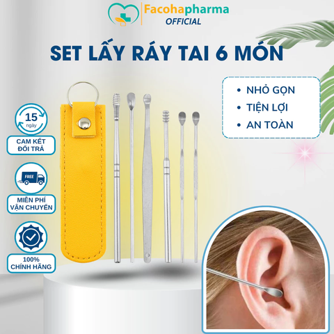 Bộ lấy ráy tai chuyên nghiệp 6 món có túi đựng bằng da mini tiện lợi