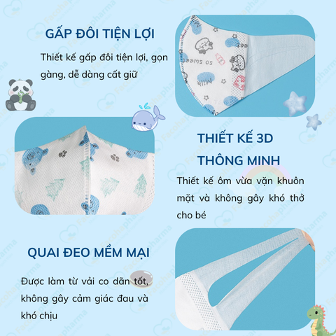 Khẩu trang 3D trẻ em 3 lớp kháng khuẩn ngăn ngừa bụi mịn cho bé từ 3-8 tuổi hộp 50 cái