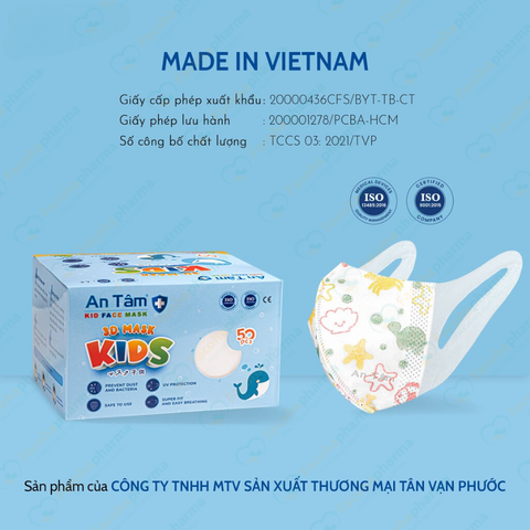 Khẩu trang 3D trẻ em 3 lớp kháng khuẩn ngăn ngừa bụi mịn cho bé từ 3-8 tuổi hộp 50 cái