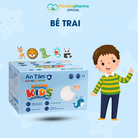 Khẩu trang 3D trẻ em 3 lớp kháng khuẩn ngăn ngừa bụi mịn cho bé từ 3-8 tuổi hộp 50 cái