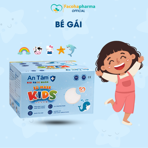 Khẩu trang 3D trẻ em 3 lớp kháng khuẩn ngăn ngừa bụi mịn cho bé từ 3-8 tuổi hộp 50 cái