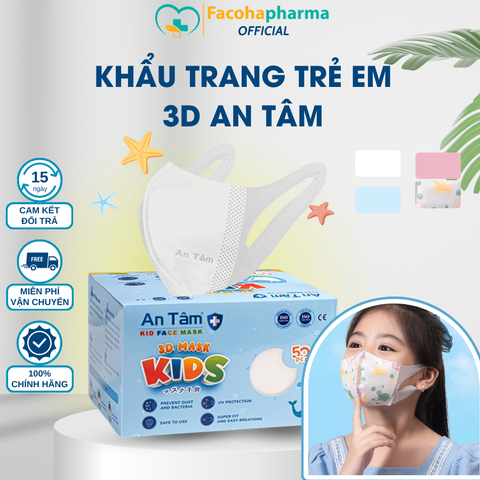 Khẩu trang 3D trẻ em 3 lớp kháng khuẩn ngăn ngừa bụi mịn cho bé từ 3-8 tuổi hộp 50 cái