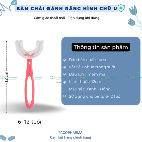 Bàn chải silicon chữ U cho bé từ 6 đến 12 tuổi an toàn, không gây đau lợi - Hồng