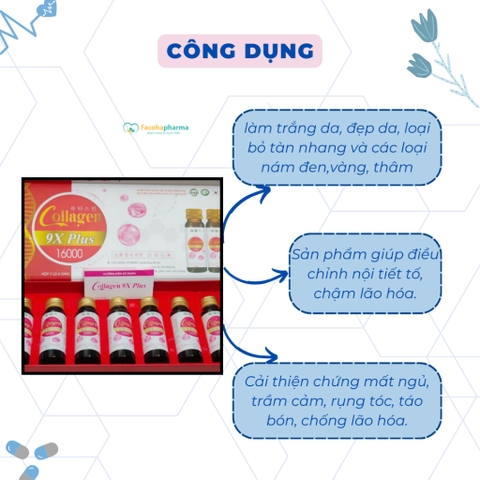 Nước uống trắng da Collagen 9X Plus 16000 cung cấp vitamin C nhau thai cừu giúp sáng da chống lão hóa mất ngủ chai 50ml