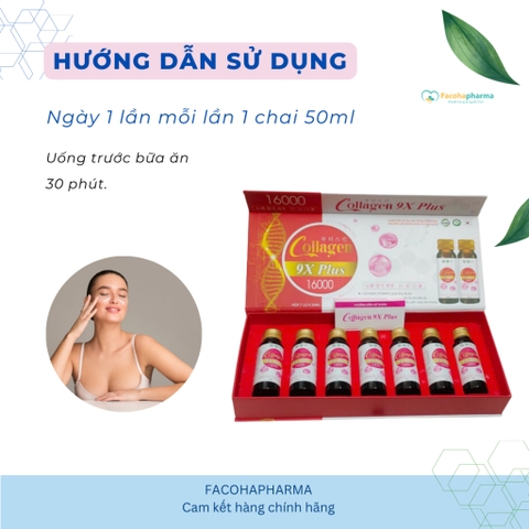 Nước uống trắng da Collagen 9X Plus 16000 cung cấp vitamin C nhau thai cừu giúp sáng da chống lão hóa mất ngủ chai 50ml