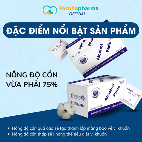 Hộp 100 miếng bông tẩm cồn Facoha Pharma khử trùng móng và da giúp lau sạch điện thoại dùng một lần